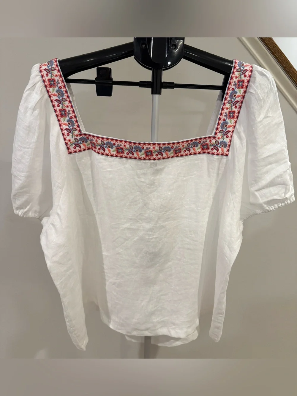 Boden White Square-Neck Linen Puff Sleeve Top Embroidery US 20/22 NWT